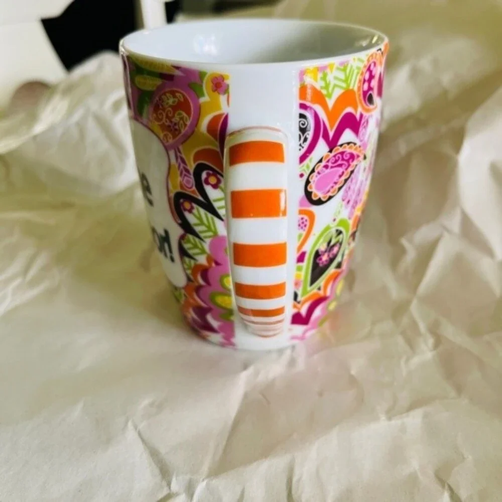 Pier 1 Coffee Mug “Shut the front door” Paisley Green Pink Green Yellow Orange
